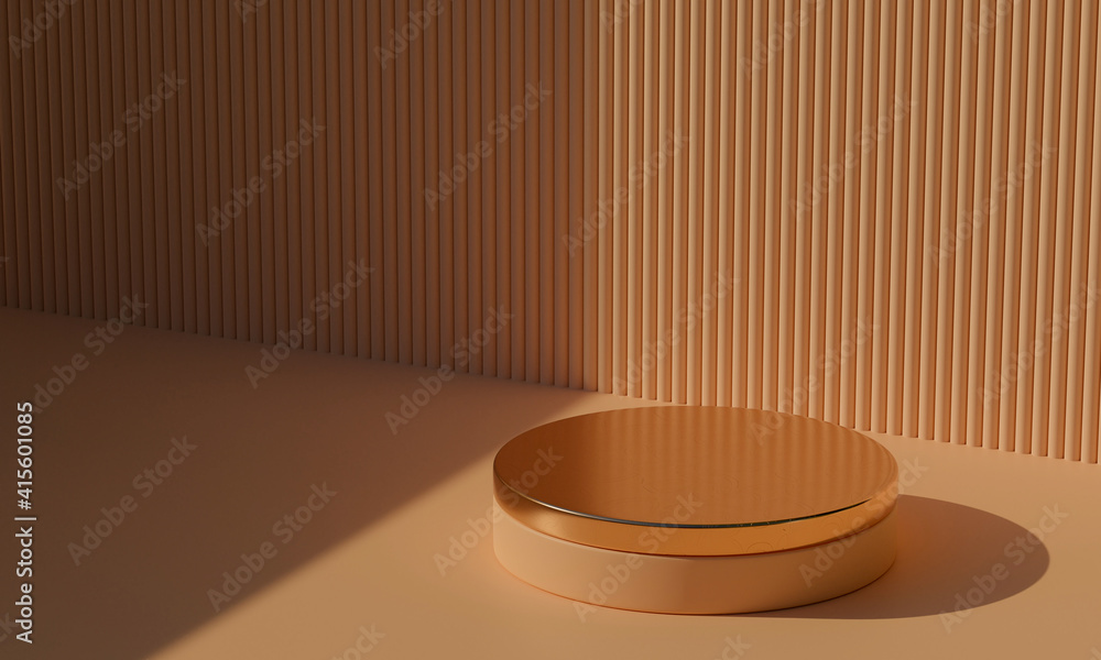 Poster 3d rendering empty cylinder podium on orange background.
