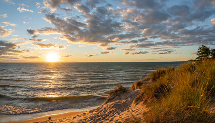 Gorgeous Sunset over the beach and sand dunes on Lake Michigan - Ludington at Stearns Park and Ludington State Park