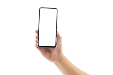 A male hand holds up a blank black-rimmed smartphone