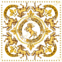 Silk scarf with golden horse and damask ornament. luxury shawl design. gold lace watercolor hand drawn textile background. © Елена Фаенкова