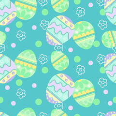 Seamless Pattern with Easter eggs green, yellow, lavender colors. Perfect for Wrapping paper design, greeting card backdrop, texture for spring design, invitations, advertisements. EPS 8.