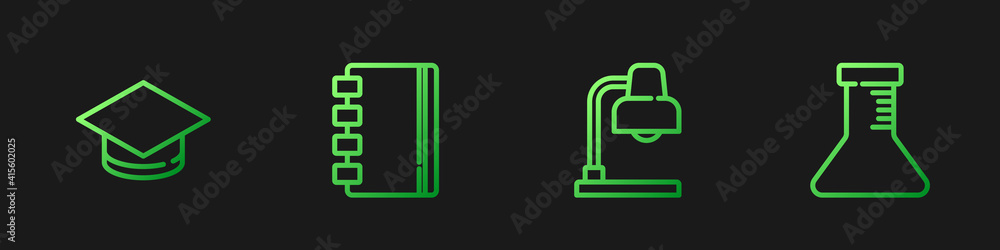 Aufkleber set line table lamp, graduation cap, spiral notebook and test tube and flask. gradient color icons. 