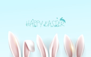 Three pairs of realistic rabbit ears, like a happy Easter. the concept of a design element, a website banner, a postcard decor, a furry mammal. isolated on a blue background.Vector illustration