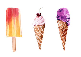 Watercolor illustration set of delicious ice cream