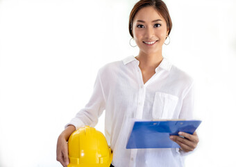 Asian women engineering inspecting and working and holding blueprints on white background