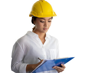 Asian women engineering inspecting and working and holding blueprints on white background