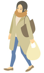 買い物袋を持った女性のベクターイラスト(アイソメトリック、アイソメ)