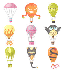 Flat illustration of hot air-balloons. Collection of diferent typs romantic, cartoon animals and burn colorful flying entertainment festival balloons outdoor. Travel, sky transport illustration