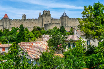 panoramic view of the historic center of Carcassonne surrounded by the walls of an old castle