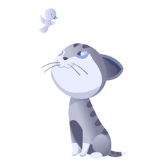 Kitty illustration. House domestic cat in position and activitie. The cat is watching the bird.