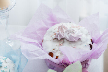 Beautiful Easter cakes on a decorated light table. A light holiday of Easter.