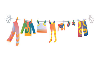 Various items of baby clothes on rope isolated illustration on white background. Laundry held by plastic pegs drying