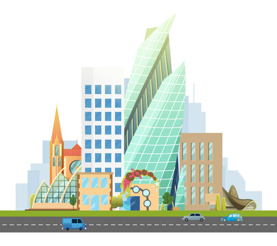 Big city with skyscrapers and small houses. Highway with cars. flat illustration. Business and tourism concept with skyscrapers. Image for presentation, banner, placard or web site