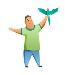 Boy with parrot isolated on white background. Holding their domestic animal. Male flat cartoon character. Colorful illustration