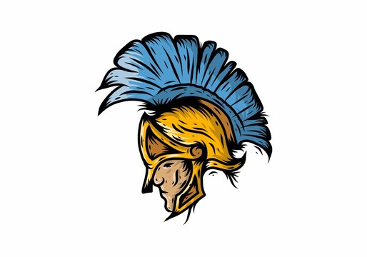 Blue gold of spartan warriors head illustration drawing