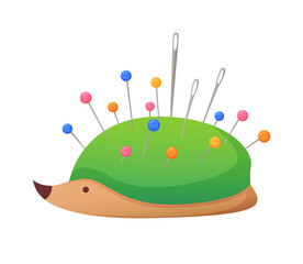 sewing tool for needlework and embroidery. Illustration needle holder in the form of a hedgehog. Sewing equipment tailoring fashion pin craft needlework illustration