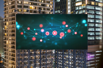 Information flow hologram on road billboard, night panorama city view of Bangkok. The largest...