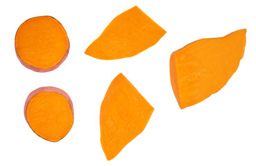 Sweet potato  isolated on white background. Raw potato pieces Top view. Pattern