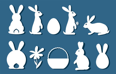 Bunny set. Easter bunny for laser cutting on red background. Icons for greeting card. Vector illustration. Bunny holds an egg in its paws