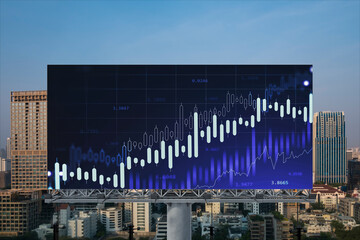 Naklejka premium Glowing FOREX graph hologram on billboard, aerial panoramic cityscape of Bangkok at sunset. Stock and bond trading in Southeast Asia. The concept of fund management.