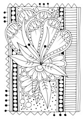 Art therapy coloring page for children and adults. Illustration with abstract flowers. Black-white background for coloring, printing on fabric or paper.