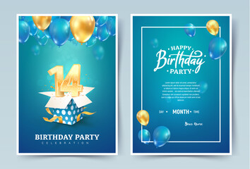 14th years birthday vector invitation double card. Fourteen years anniversary celebration brochure. Template of invitational for print on blue background