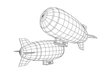 Airship dirigible airway travel transport. Air ship with gondola cabin. Wireframe low poly mesh vector illustration.