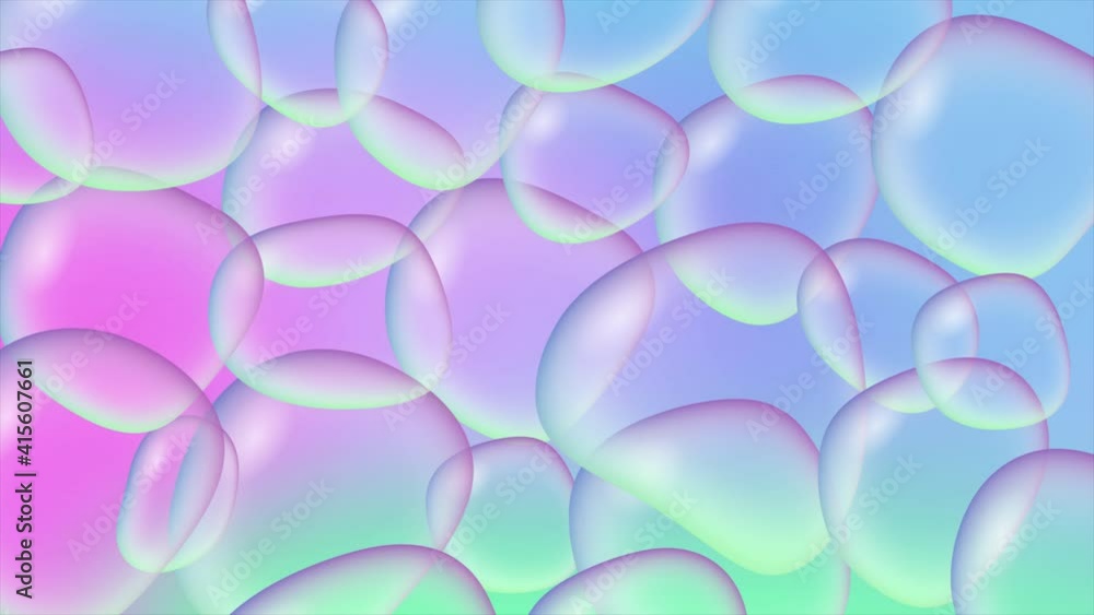 Poster animation of colorful soap bubbles. abstract floating shampoo or suds on gradient rainbow background