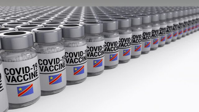 Seamless looping 3D animated bottles with covid-19 vaccine and the flag of Democratic Republic of the Congo in 4K resolution 