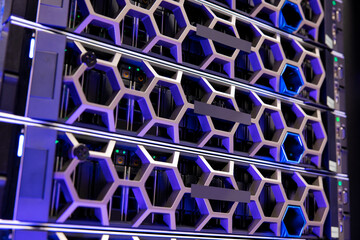 Illuminated Purple Servers In a Hyperconverged Datacenter Environment In Modern Datacenter