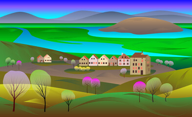 Spring landscape with blossoming trees, valley, river, houses, green hills, mountains. Vector illustration.