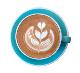 Top view hot coffee cappuccino latte art heart flower shape foam in ceramic cup isolated on white background, clipping path included