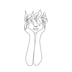 Woman Head with Flowers Continuous Line Drawing. One Line Abstract Portrait. Woman Minimalist Contour Wall Art Design. Vector EPS 10.