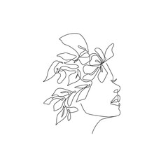 Woman Head with Flowers Continuous Line Drawing. One Line Abstract Portrait. Woman Minimalist Contour Wall Art Design. Vector EPS 10.