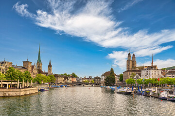 Zurich Switzerland, city skyline at Limmat River with Grossmunster and Fraumunster Church