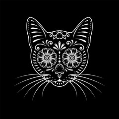Ornamental cat portrait on black background. Stencil art. Stylized cat face. Cat pattern. Day of the Dead. Painted cat head.