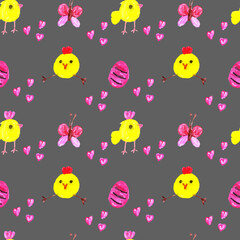 Chickens with Easter red egg, butterfly and hearts on a gray background.