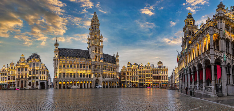 Brussels Belgium, sunset panorama city skyline at famous Grand Place town square