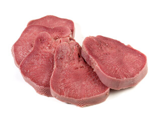 Boiled Cured Veal Tongue Meat Slices isolated on white Background