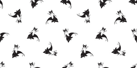 dog Seamless pattern french bulldog dolphin fish vector puppy pet shark whale cartoon doodle scarf isolated repeat wallpaper tile background illustration doodle design