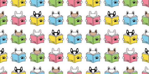 dog seamless pattern french bulldog vector reading book cartoon scarf isolated repeat wallpaper tile background doodle illustration design