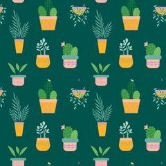 Vector illustration of a seamless pattern of trendy house plants in pots: aloe vera, fiddle leaf fig, snake plant, monstera, burros tail, aglaonema, jade plant. Decor for the interior of the house