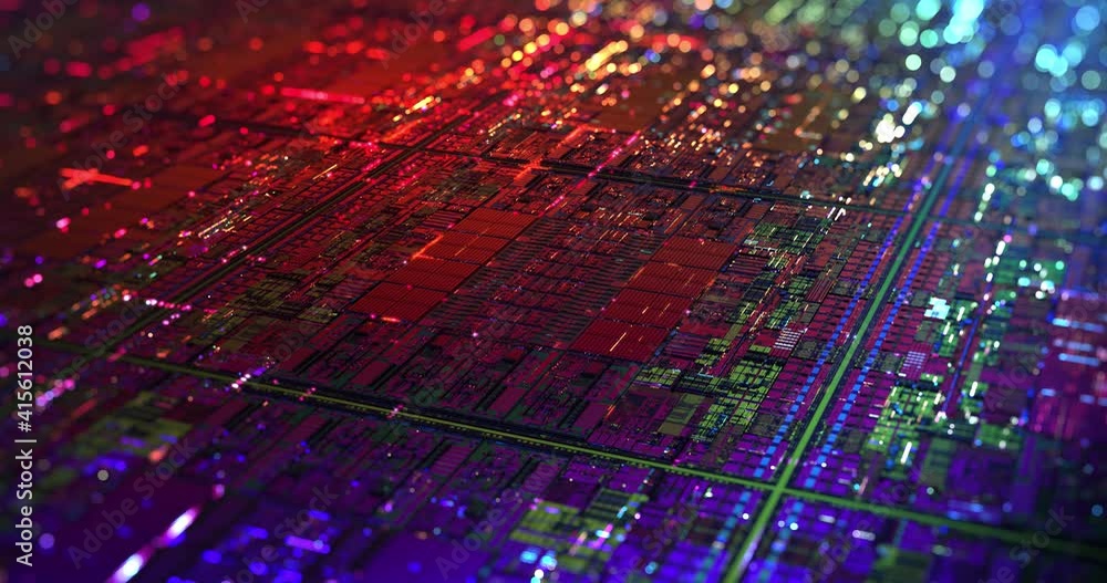Poster iridescent multi colored silicon computer wafer with data moving within circuitry. central computer 