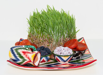 Happy background of the Navruz holiday. Celebration of Nowruz sweets and various dried fruits with green grass