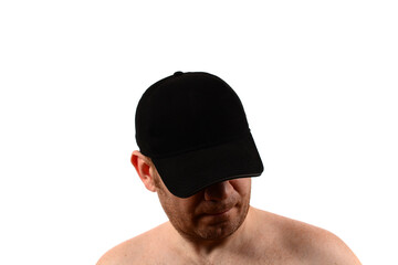 Fototapeta premium unshaven man with a naked torso in a navy cap tilted his head. isolated on white.