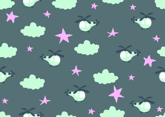 Cheerful seamless vector pattern with helicopters in the sky and clouds. Hand drawn transport, background for boys and kids