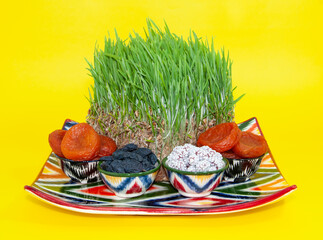 Happy background of the Navruz holiday. Celebration of Nowruz sweets and various dried fruits with green grass