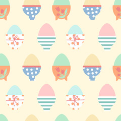 Spring seamless pattern with colorful decorated eggs in egg rack in pastel color. Vector illustration for wrapping paper or decoration.