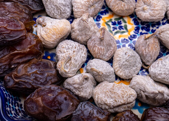 dried figs sprinkled with rice flour and medjoul jumbo dates.