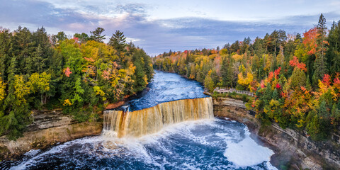 Beautiful morning dawn at Upper Tahquamenon Falls in Autumn - Michigan State Park in the Upper Peninsula - waterfall